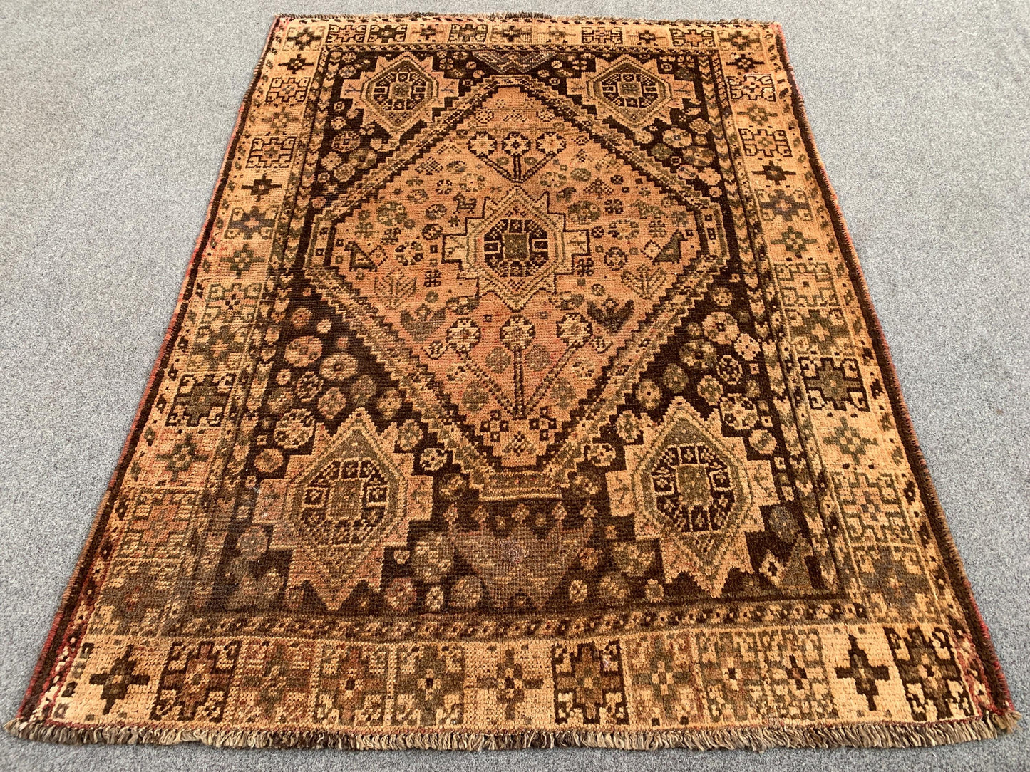 4x5 ft Caucasian design Rug Afghan Handmade Wool Rug, Antique Oriental Rug, One of a kind Rug, Turkmen Tribal Rug, Low Pile Rug Bedroom Rug.