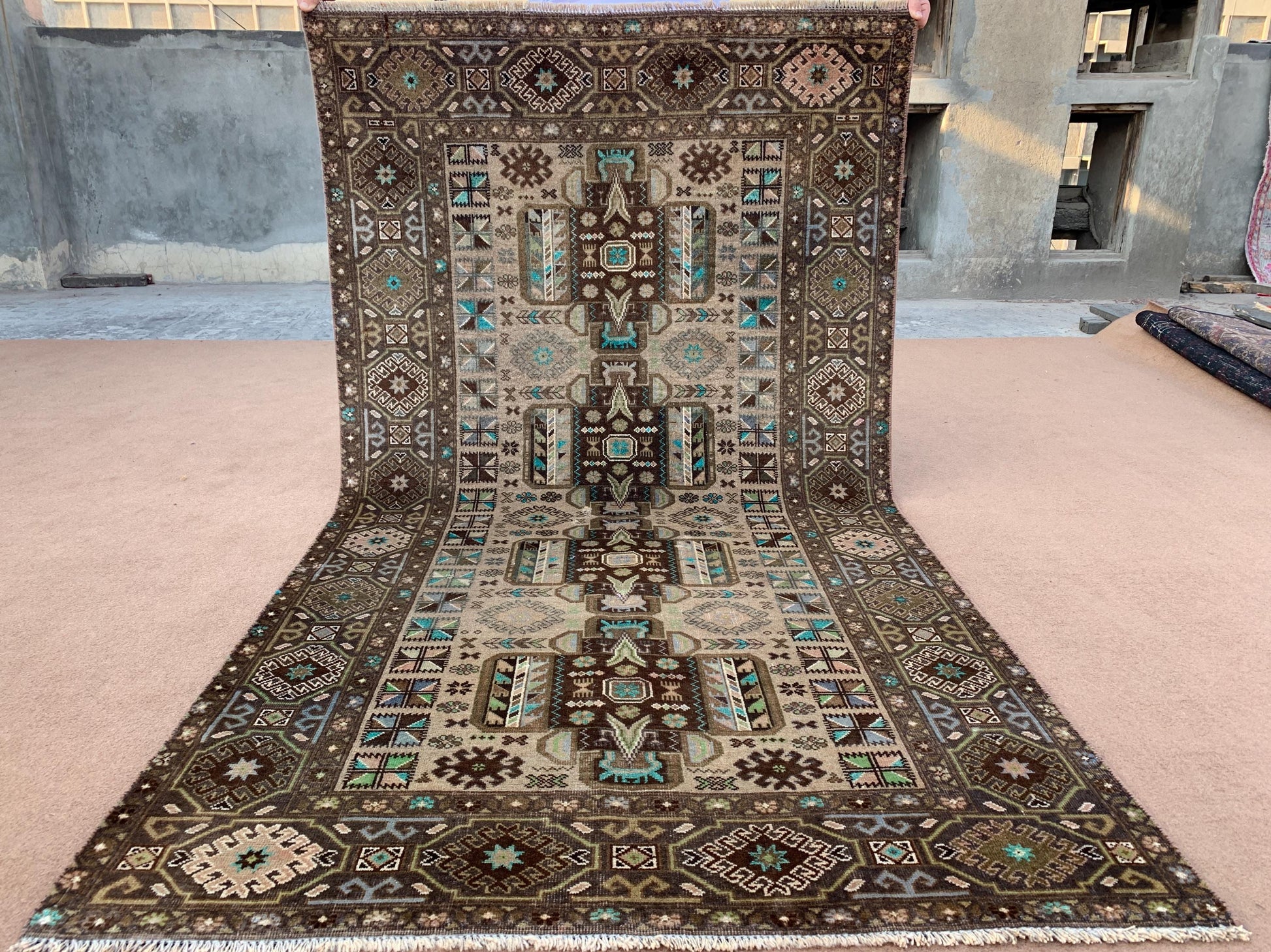 Beige Vintage Rug 4x7 ft Handmade Afghan Rug Herati Baluchi Rug, Geometric Rug Oriental Wool Rug Tribal Antique Rug Bedroom Rug Kitchen Rug.