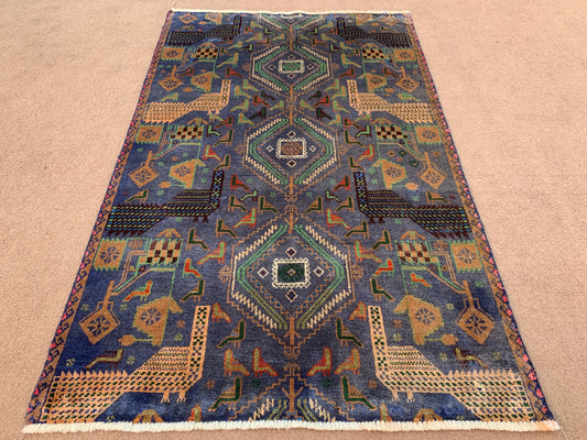 Pictorial Vintage Rug 3x4 ft Peacock Birds design Rug, Handmade Afghan Rug Blue Baluchi Wool Rug, Oriental Antique Rug Stunning Bedroom Rug.