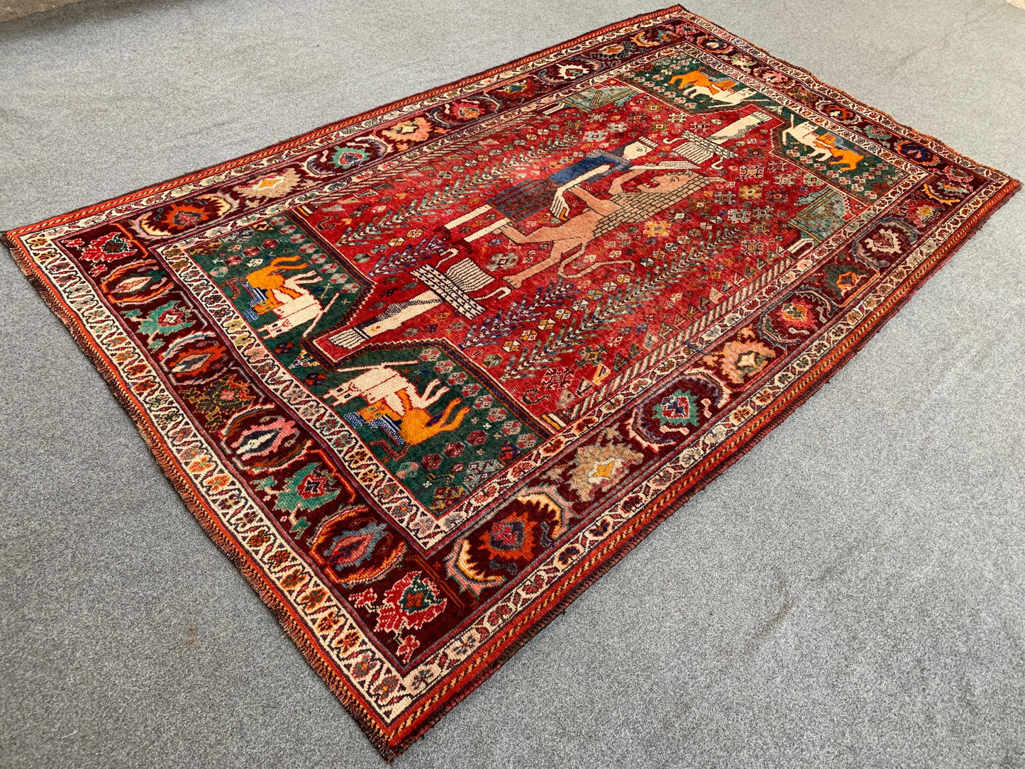 5x8 ft Pictorial Caucasian design Rug, Handmade Afghan Wool Rug, Oriental Animal Rug 1940s Antique Rug, Low Pile Rug Home Decor Bedroom Rug.