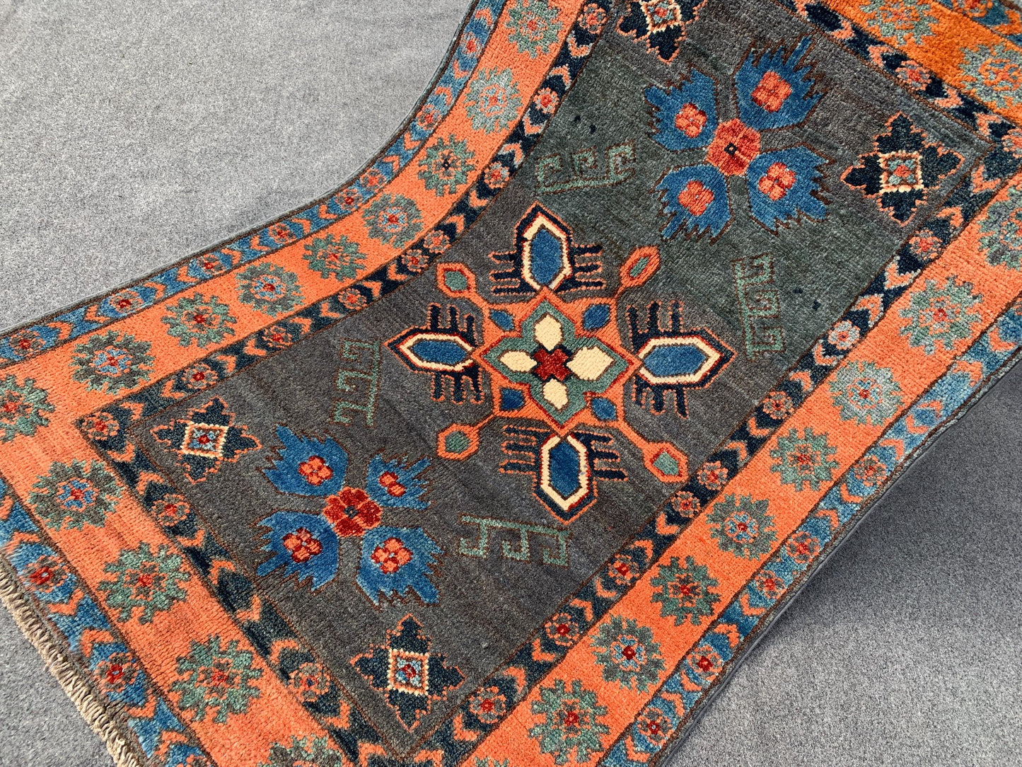 3x4 ft Grey Afghan Rug Handmade Kazak Wool Rug, Tribal Geometric Rug, Peshawari Kazak Rug, Traditional Turkmen Rug Entryway Bedroom Rug etc.
