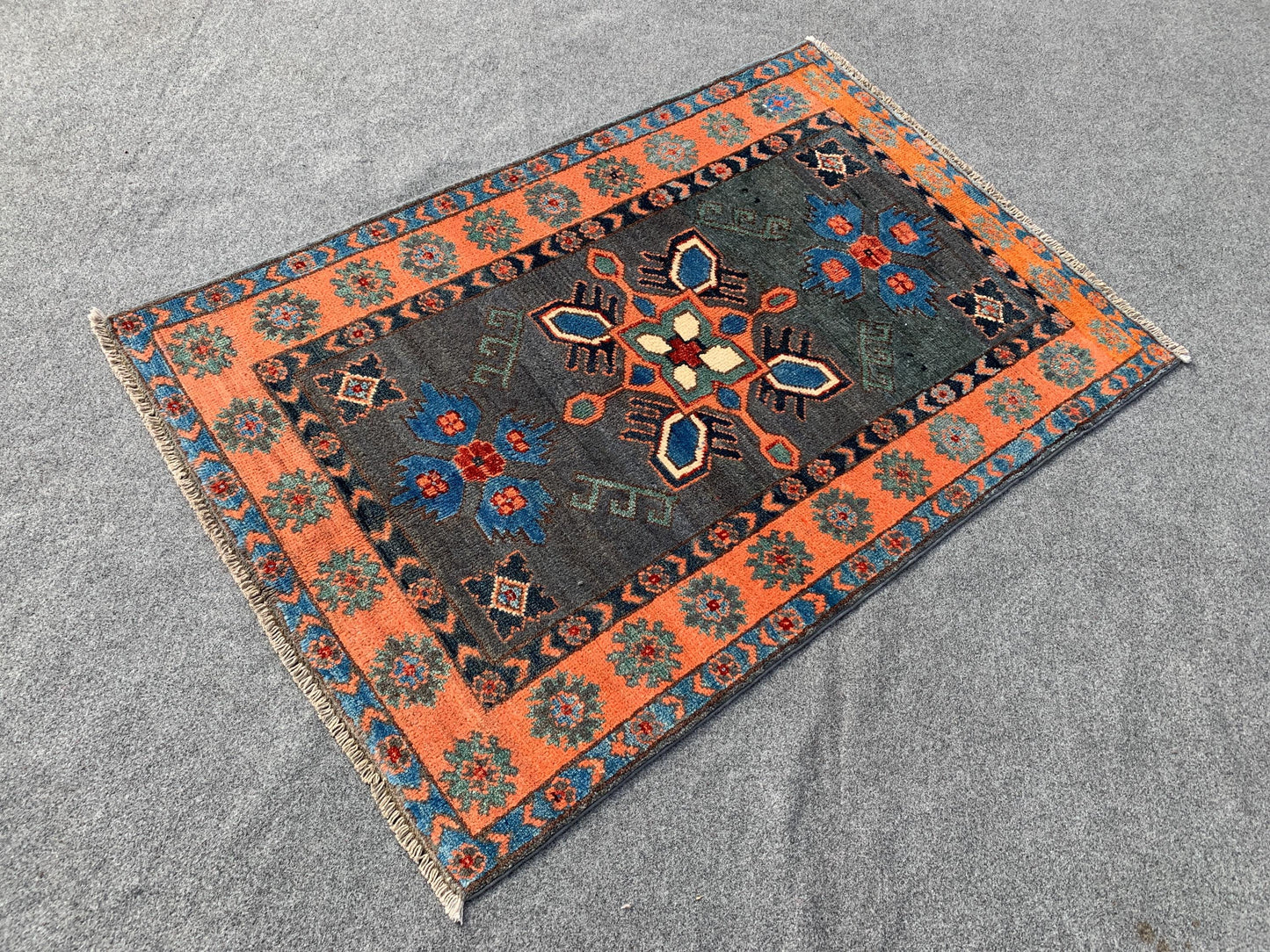 3x4 ft Grey Afghan Rug Handmade Kazak Wool Rug, Tribal Geometric Rug, Peshawari Kazak Rug, Traditional Turkmen Rug Entryway Bedroom Rug etc.