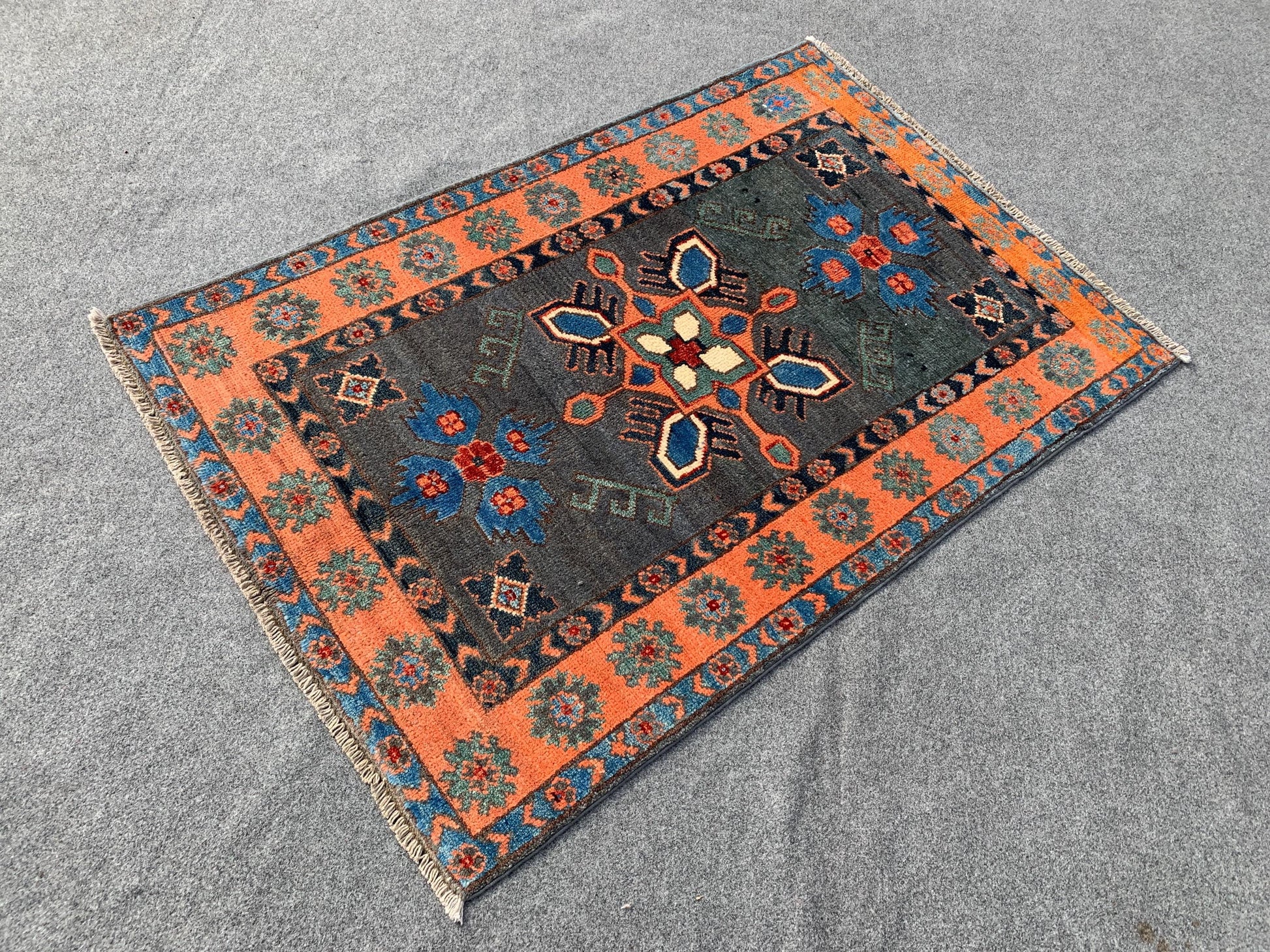3x4 ft Grey Afghan Rug Handmade Kazak Wool Rug, Tribal Geometric Rug, Peshawari Kazak Rug, Traditional Turkmen Rug Entryway Bedroom Rug etc.