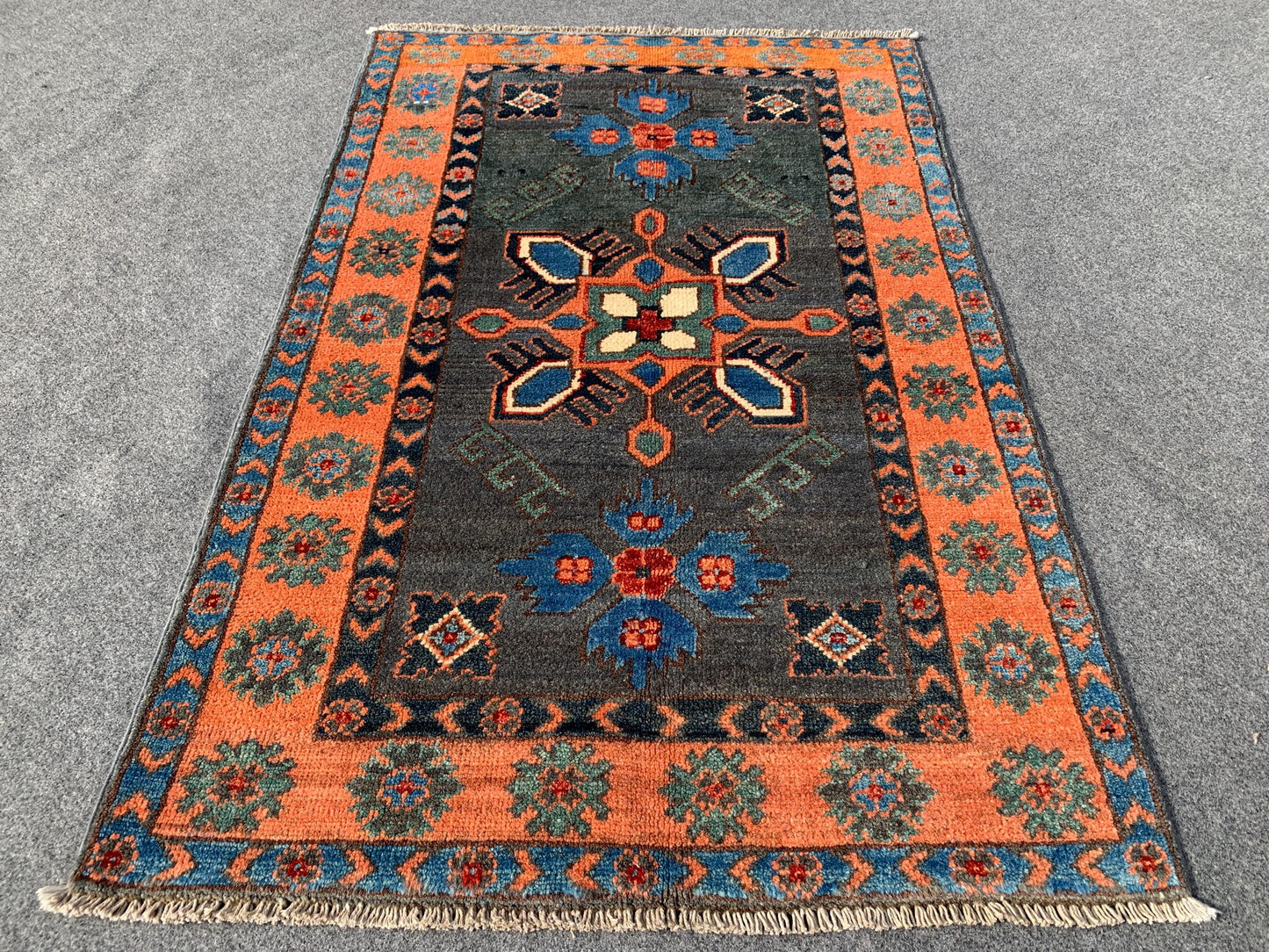 3x4 ft Grey Afghan Rug Handmade Kazak Wool Rug, Tribal Geometric Rug, Peshawari Kazak Rug, Traditional Turkmen Rug Entryway Bedroom Rug etc.