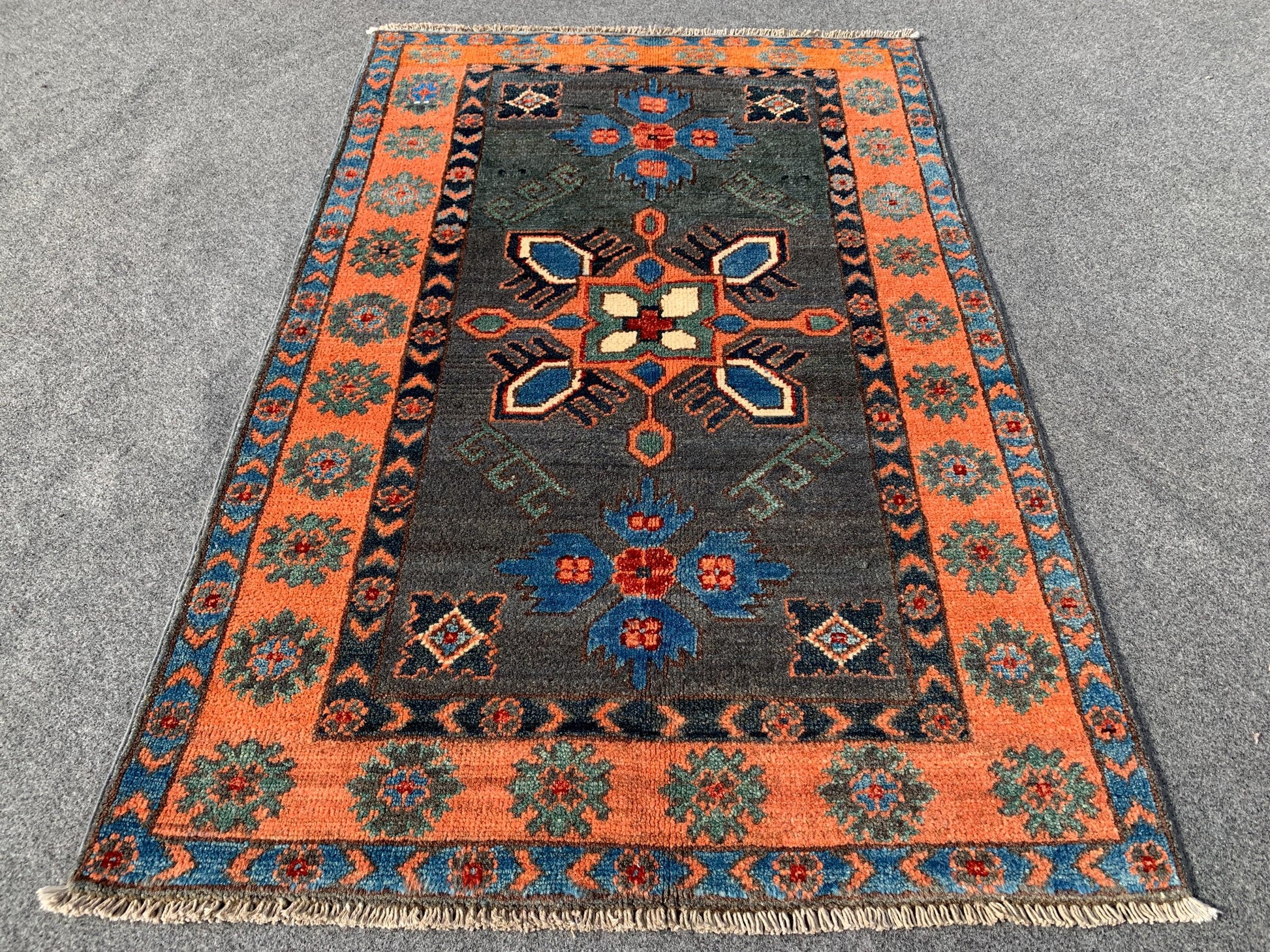 3x4 ft Grey Afghan Rug Handmade Kazak Wool Rug, Tribal Geometric Rug, Peshawari Kazak Rug, Traditional Turkmen Rug Entryway Bedroom Rug etc.