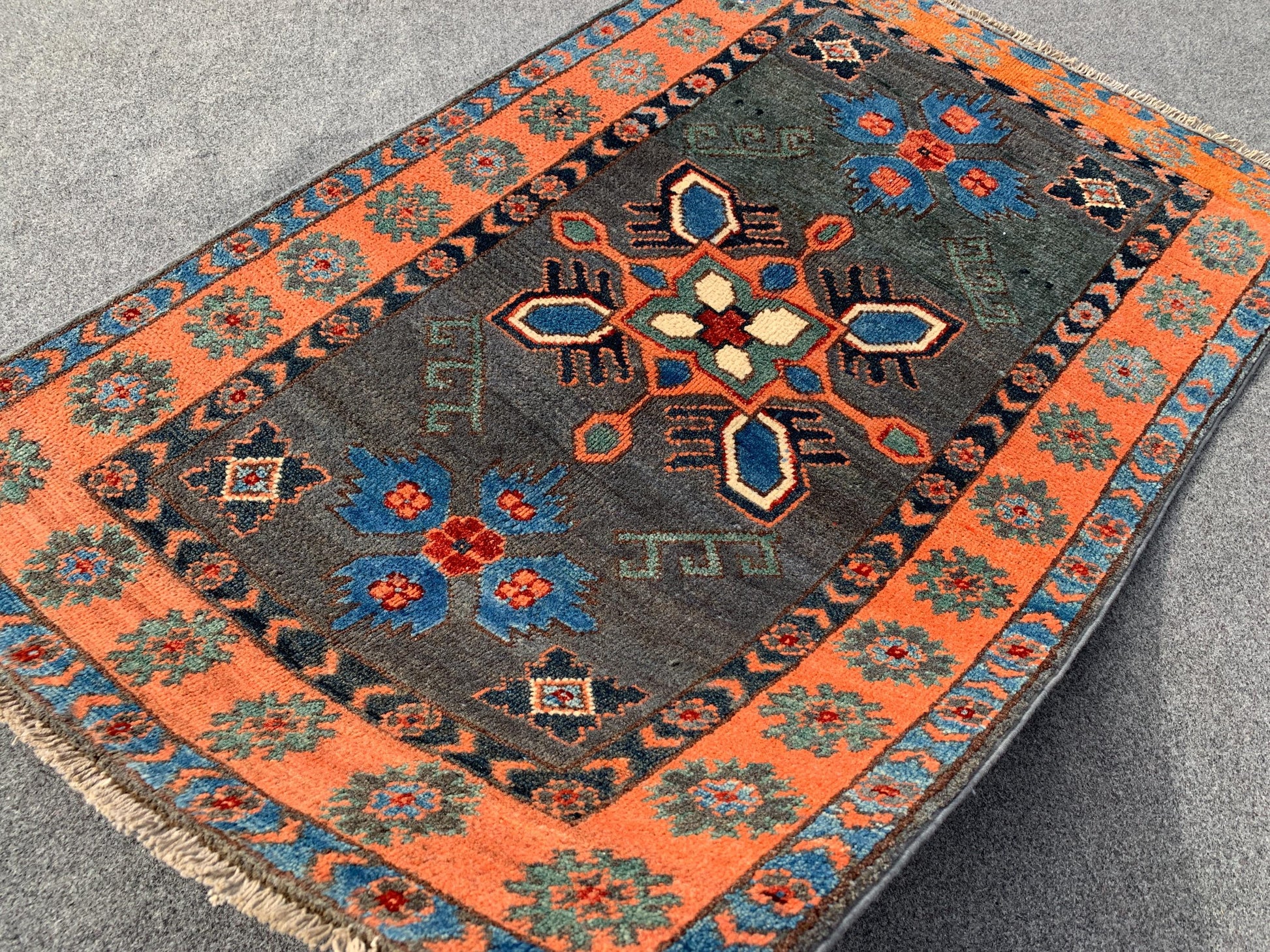 3x4 ft Grey Afghan Rug Handmade Kazak Wool Rug, Tribal Geometric Rug, Peshawari Kazak Rug, Traditional Turkmen Rug Entryway Bedroom Rug etc.