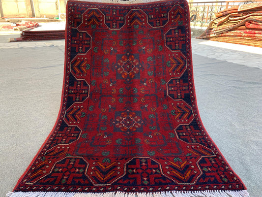 Navy Red Bukhara Rug 3x4 ft Afghan Handmade Wool Rug Vintage Khal Muhammadi design Rug, Tribal Turkmen Rug Oriental Kitchen Rug Bedroom Rug.