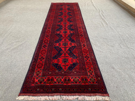 Beljek Bukhara Runner Rug 3x10 ft Handmade Afghan Rug, Excellent Quality Runner Rug, Red Oriental Rug Geometric Wool Rug Hallway Runner Rug.