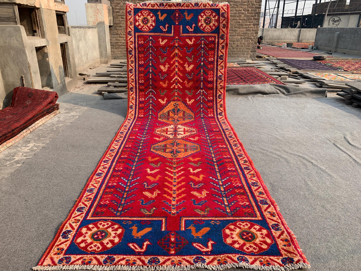 Vintage Pictorial Rug 4x12 ft Afghan Handmade Wool Runner Rug Geometric Caucasian design Rug Tribal Oriental Rug Bedroom Hallway Runner Rug.