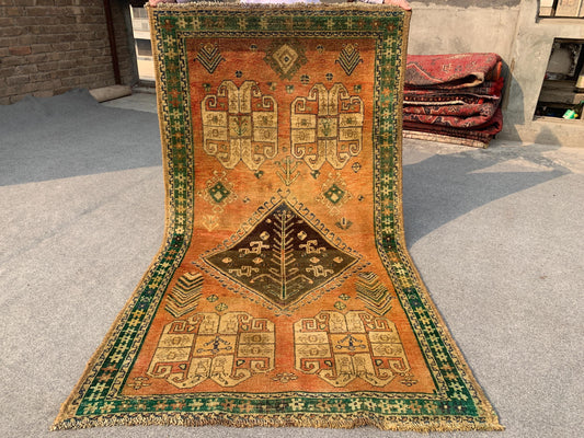 4x7 ft Vintage Afghan Rug Handmade Wool Rug, Collectors Piece Rug Antique Low Pile Rug, Turkmen Tribal Oriental Rug Kitchen Rug Bedroom Rug.