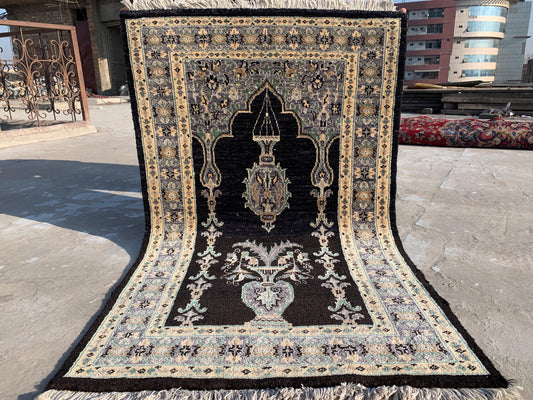 Black Afghan Rug, 3x4 ft High Quality Afghan Rug, Handmade Turkmen Wool Rug, Floral design Rug, High Pile Rug, Home Decor Rug, Bedroom Rug.