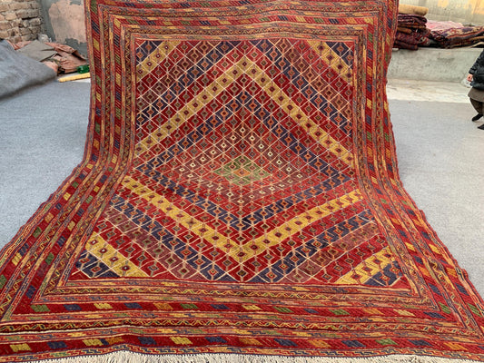 Vintage Geometric Rug 7x8 ft Afghan Handmade Wool Rug, Multi color Herati Mashwani Kilim Rug, Oriental Antique Rug Bedroom Dining Table Rug.