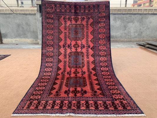 4x6 ft Geometric Area Rug Vintage Afghan Rug Red Baluchi Rug, Handmade Wool Rug Oriental Tribal Rug Low Pile Rug Home Decor Rug Bedroom Rug.