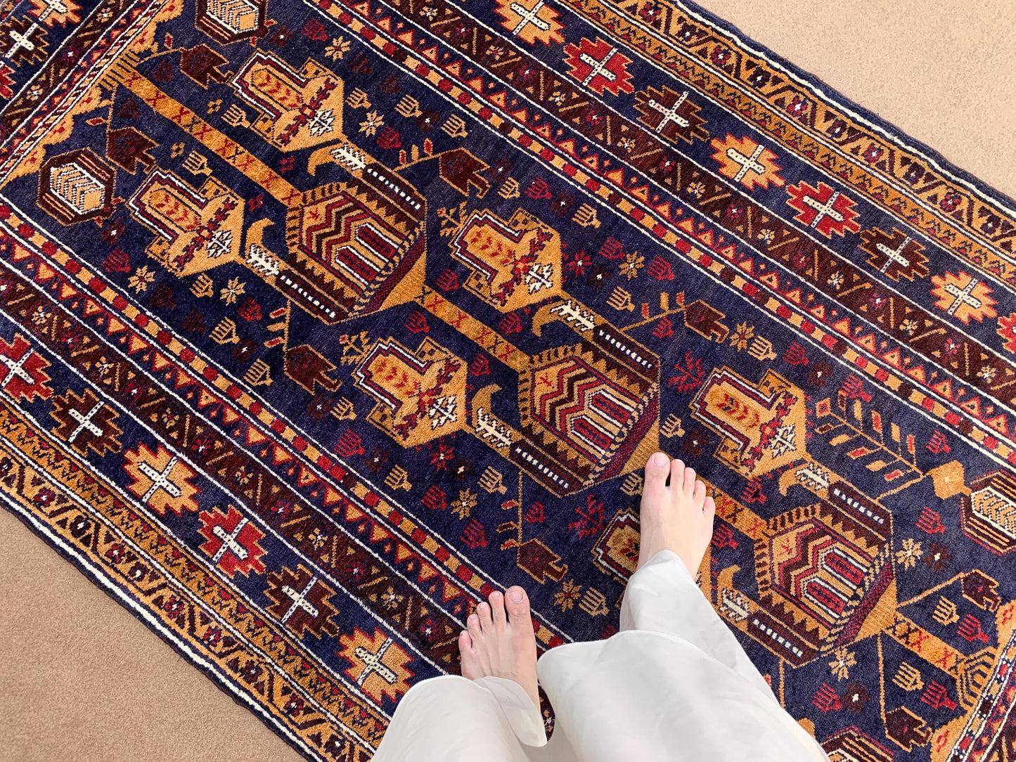 Navy Blue Vintage Rug 4x6 ft Handmade Afghan Wool Rug, Herati Baluchi Rug Geometric Floral Rug, Oriental Tribal Rug Bedroom Rug Kitchen Rug.