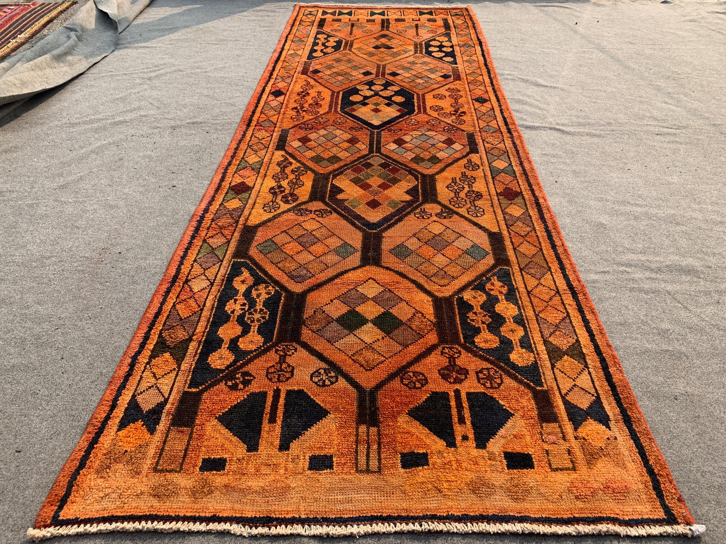 Antique Runner Rug 4x11 ft Handmade Afghan Wool Rug Caucasian design Runner Rug, Turkmen Tribal Rug Vintage Oriental Rug Hallway Runner Rug.