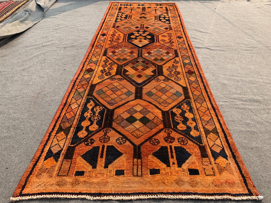 Antique Runner Rug 4x11 ft Handmade Afghan Wool Rug Caucasian design Runner Rug, Turkmen Tribal Rug Vintage Oriental Rug Hallway Runner Rug.