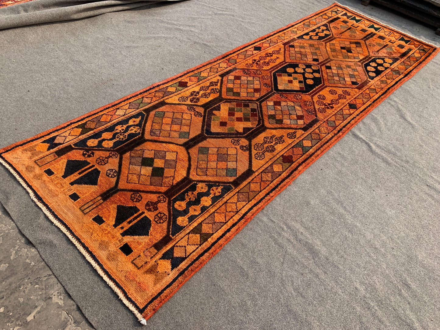 Antique Runner Rug 4x11 ft Handmade Afghan Wool Rug Caucasian design Runner Rug, Turkmen Tribal Rug Vintage Oriental Rug Hallway Runner Rug.