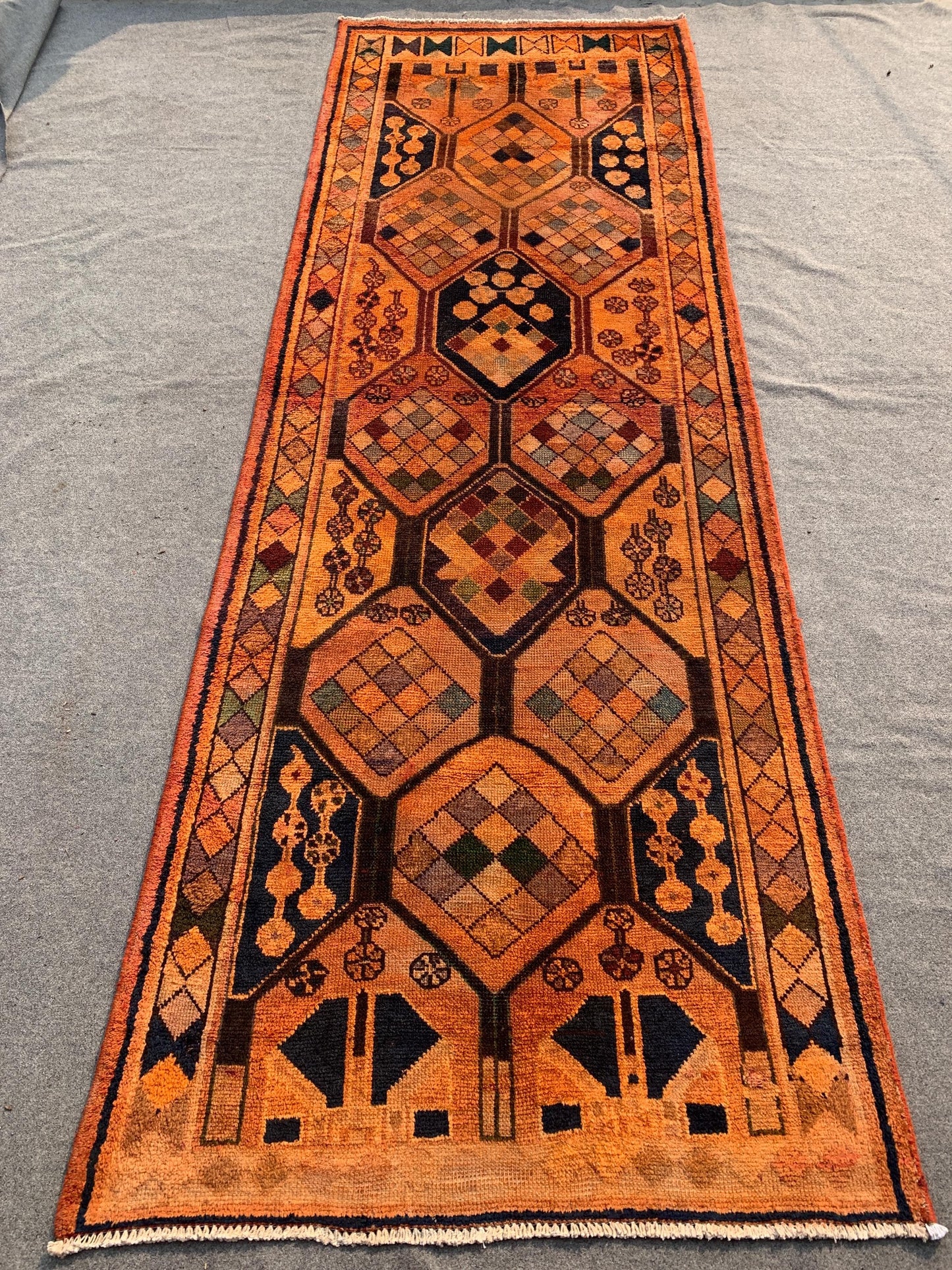 Antique Runner Rug 4x11 ft Handmade Afghan Wool Rug Caucasian design Runner Rug, Turkmen Tribal Rug Vintage Oriental Rug Hallway Runner Rug.