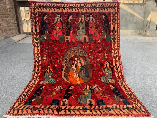 Antique Pictorial Rug 4x5 ft 100% Handmade Afghan Rug, Caucasian Pictorial Rug, Vintage Red Rug, Oriental Wool Rug Bedroom Wall Hanging Rug.