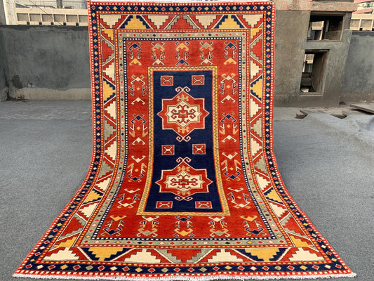 4x6 ft Afghan Handmade Wool Rug Geometric Area Rug Peshawari Kazak Rug, Tribal Turkmen Rug Soft Pile Rug Home Decor Rug Kitchen Bedroom Rug.