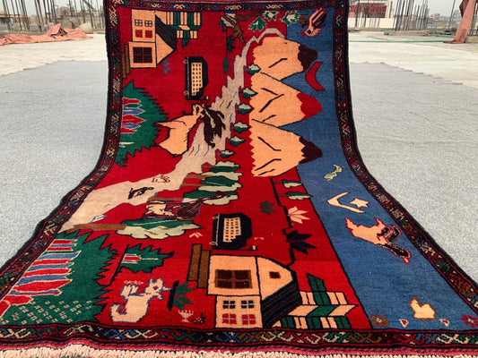 Pictorial Vintage Rug 3x4 ft Handmade Afghan Rug Herati Baluchi Rug House Trees Animal Rug Rug Oriental Wool Rug Wall Hanging Kids Room Rug.