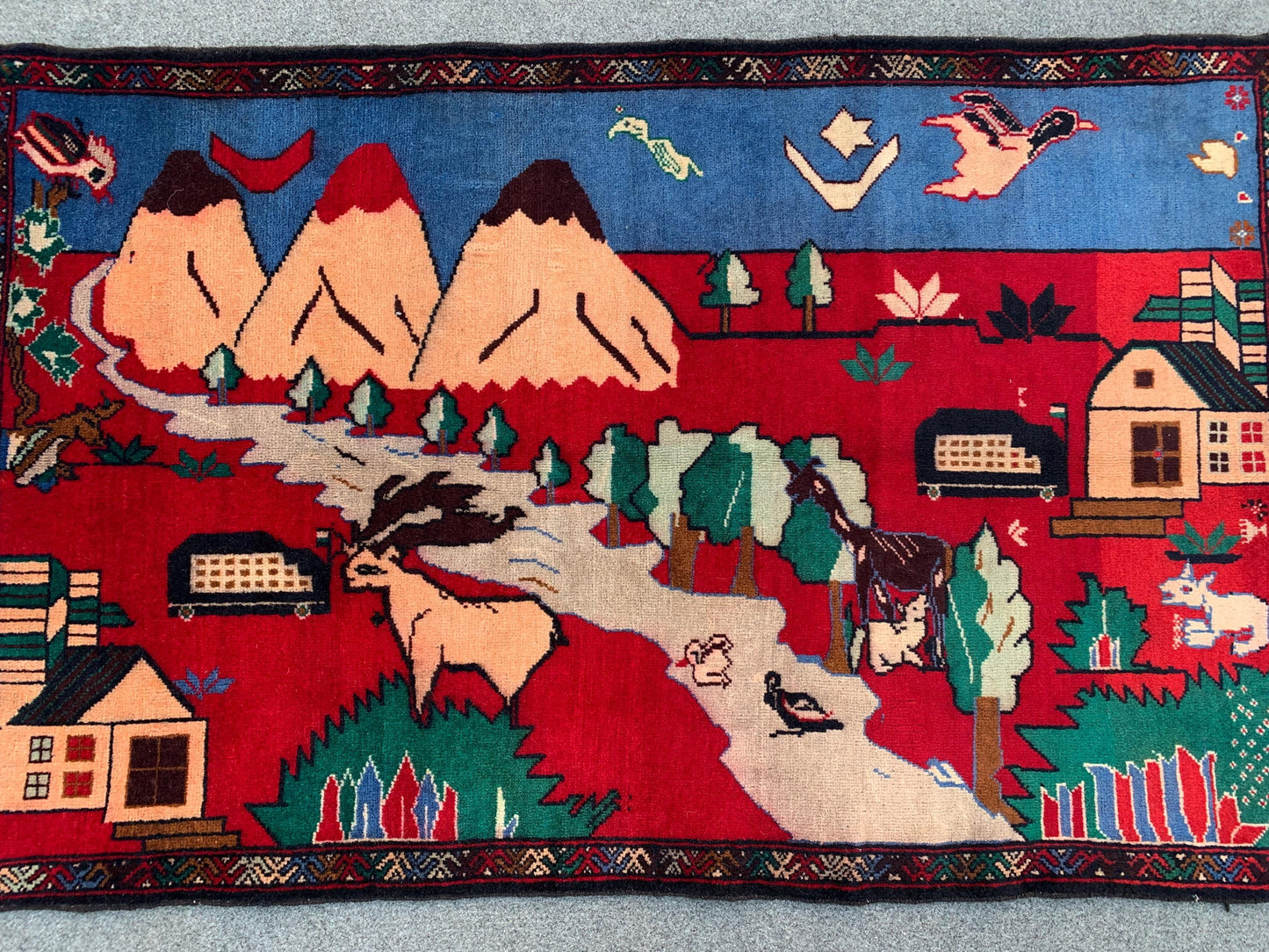 Pictorial Vintage Rug 3x4 ft Handmade Afghan Rug Herati Baluchi Rug House Trees Animal Rug Rug Oriental Wool Rug Wall Hanging Kids Room Rug.