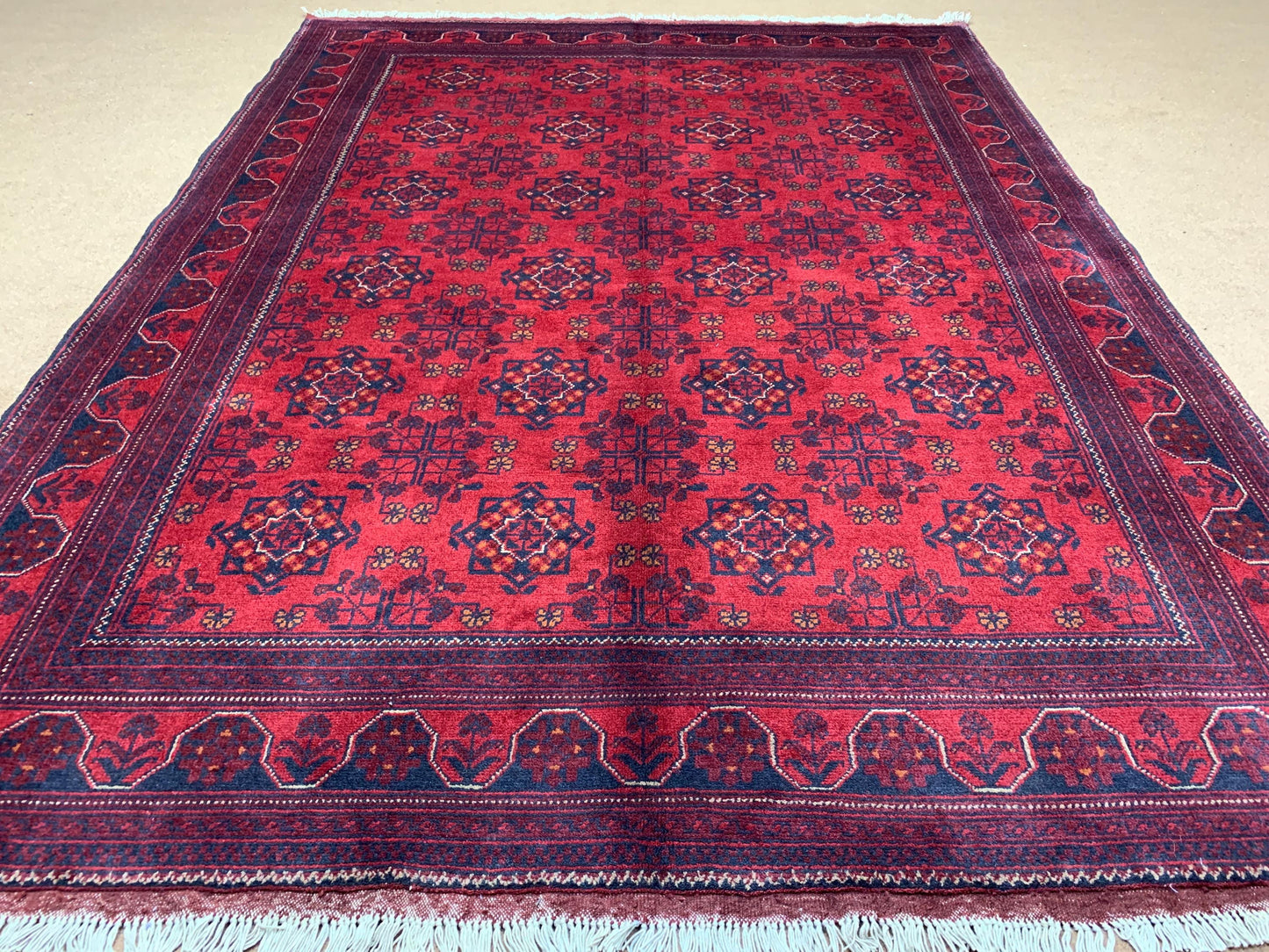 6x8 ft Red Floral Afghan Rug Handmade Wool Rug, Bukhara design Rug Khal Muhammadi Rug, Oriental Turkmen Rug Bedroom Rug Living Room Rug etc.