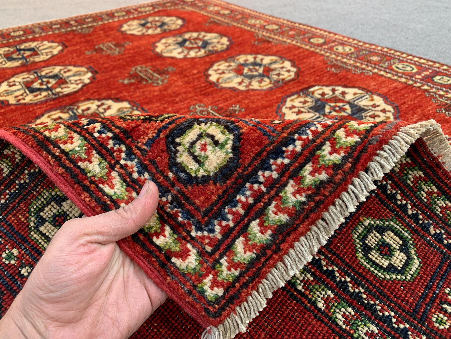 Red Chobi Rug 4x6 ft Handmade Afghan Rug Turkmen Tekke design Rug, Natural dyes Rug Oriental Wool Area Rug Entryway Rug Kitchen Bedroom Rug.