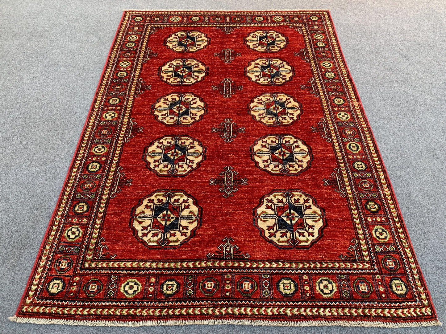 Red Chobi Rug 4x6 ft Handmade Afghan Rug Turkmen Tekke design Rug, Natural dyes Rug Oriental Wool Area Rug Entryway Rug Kitchen Bedroom Rug.