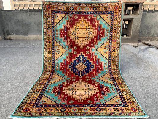 Afghan Handmade Wool Rug 4x6 ft Geometric Area Rug Peshawari Kazak Rug, Turkmen tribal Rug Soft Pile Rug Home Decor Rug Kitchen Bedroom Rug.