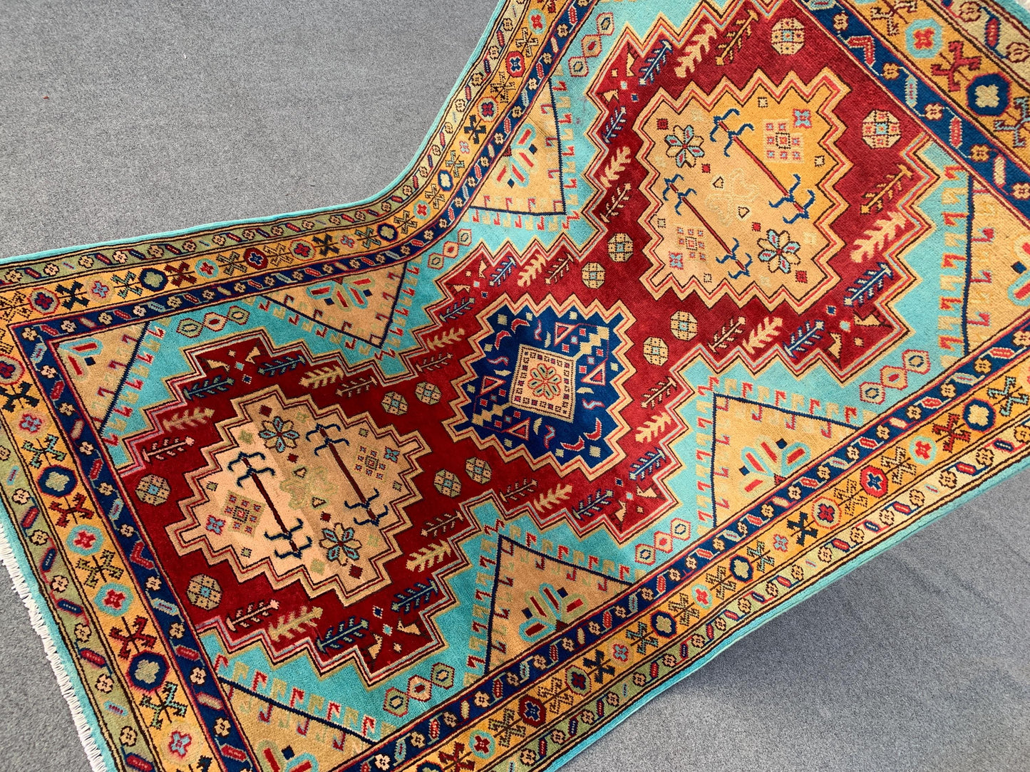 Afghan Handmade Wool Rug 4x6 ft Geometric Area Rug Peshawari Kazak Rug, Turkmen tribal Rug Soft Pile Rug Home Decor Rug Kitchen Bedroom Rug.