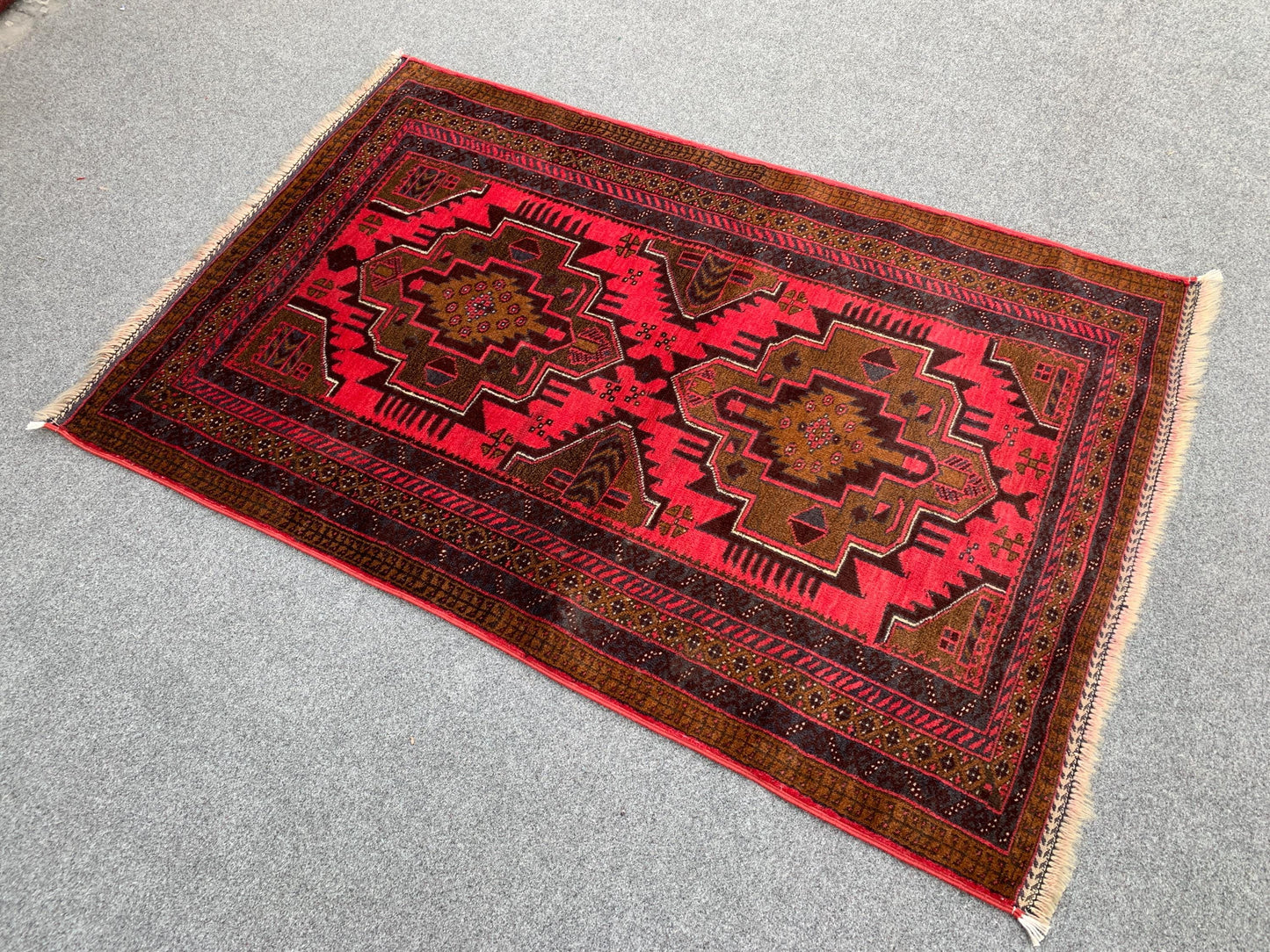 Vintage Red Rug, 3x4 ft Handmade Afghan Rug, Herati Baluchi Rug, Geometric Area Rug, Oriental Wool Rug, Rugs for Bedroom Kitchen Office Rug.