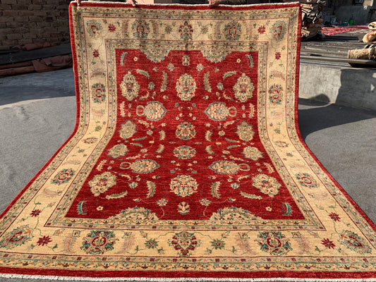 Red Beige Chobi Rug 6x8 ft Afghan Handmade Wool Rug Oriental Floral Rug Natural dyes Rug Traditional Turkmen Rug Bedroom Rug Living Room Rug