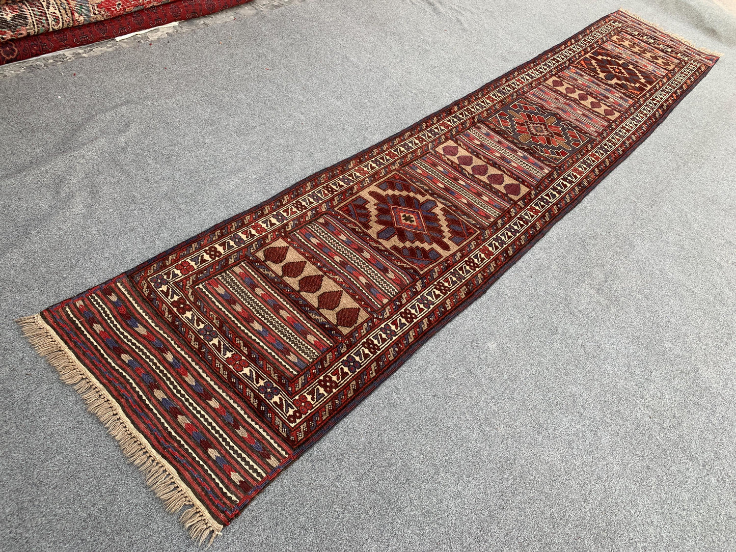 2x12 Afghan Vintage Runner Kilim Rug Handmade Turkmen Rug, Herati Barjasta Kilim Rug High Low Pile Rug Oriental Wool Rug Hallway Runner Rug.