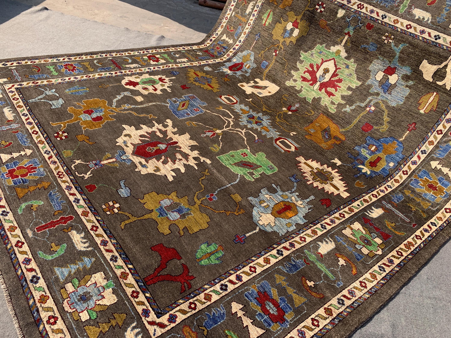 Large Grey Rug 10x13 Afghan Handmade Wool Rug, Floral Oushak Rug Natural dyes Rug Traditional Turkmen Rug, Dining Table Rug Living Room Rug.