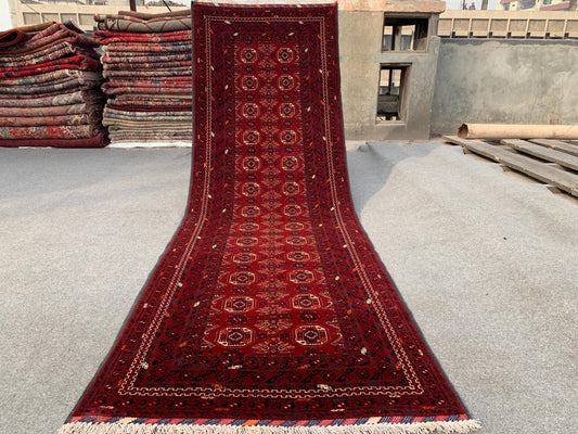 3x9 ft Vintage Kunduzi Runner Rug Afghan Handmade 100%Wool Rug Bukhara design Rug Gorgeous Red Rug Oriental Area Rug Hallway Runner Rug etc.