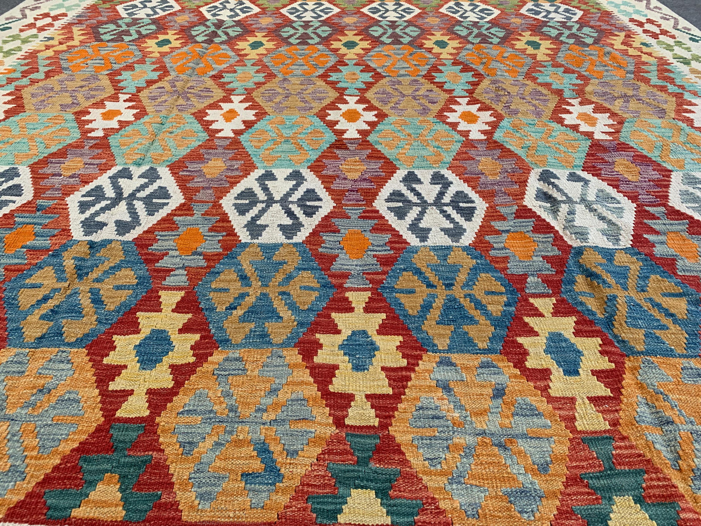 9x10 Afghan Chobi Maimana Kilim Rug Handmade Wool Kilim Rug, Flatweave Kilim Rug, Tekke design Multi color rug, Living Room Rug 8.7x10.1 ft.