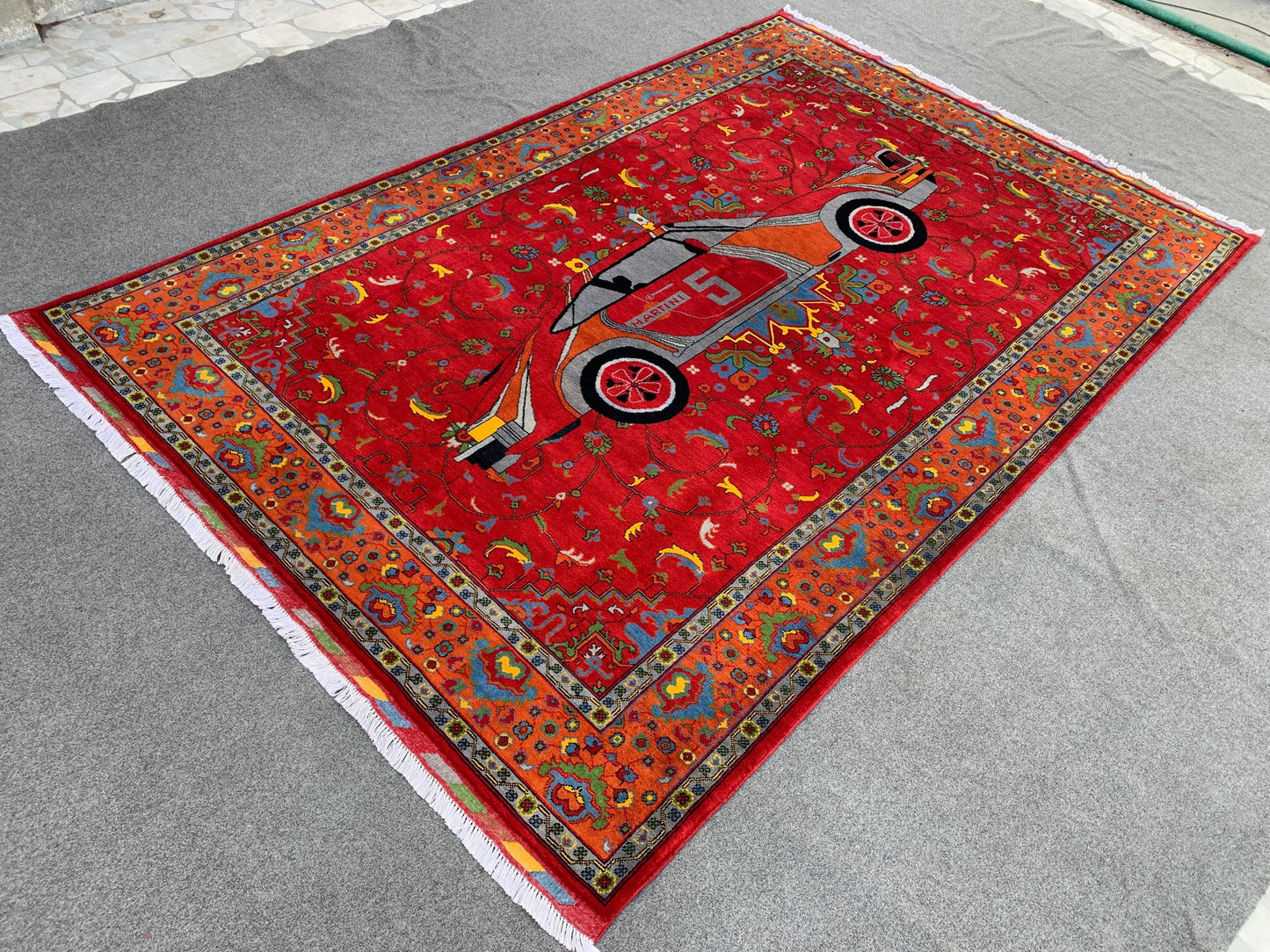 New Red Pictorial Rug 7x10 Handmade Afghan Wool Rug Racing Car design Rug Floral Trees Rug Home Decor Rug Living Room Bedroom Car Decor Rug.