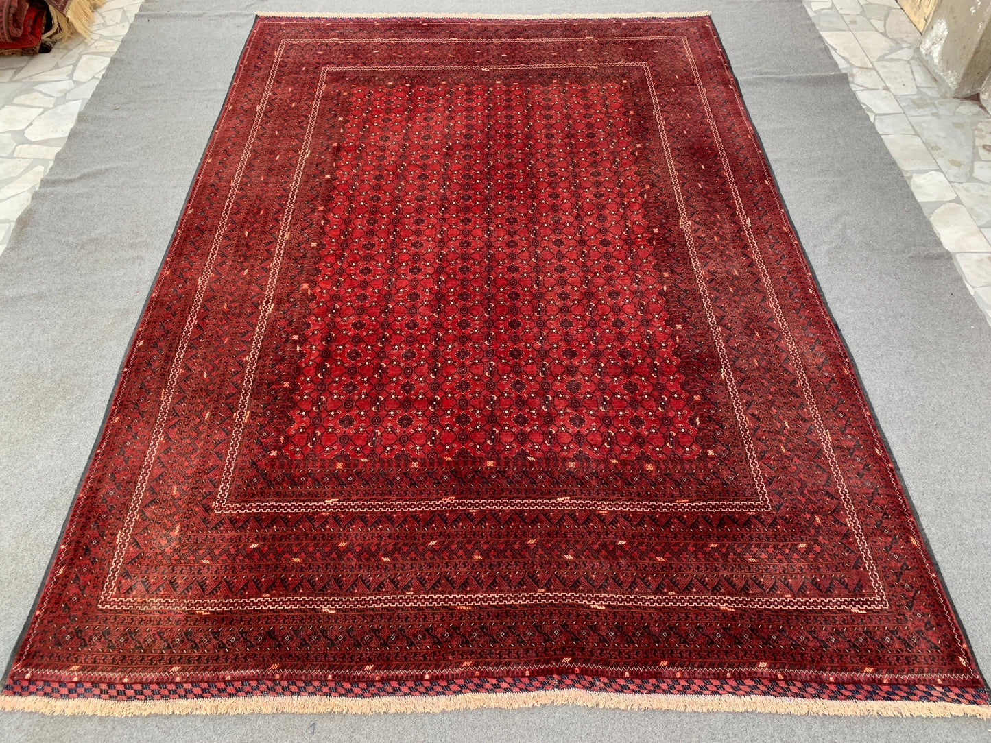 Large Afghan Rug 8x11 ft Handmade Turkmen Wool Rug, Vintage Red Rug Bukhara design Rug Oriental Antique Rug Dining Room Rug Living Room Rug.