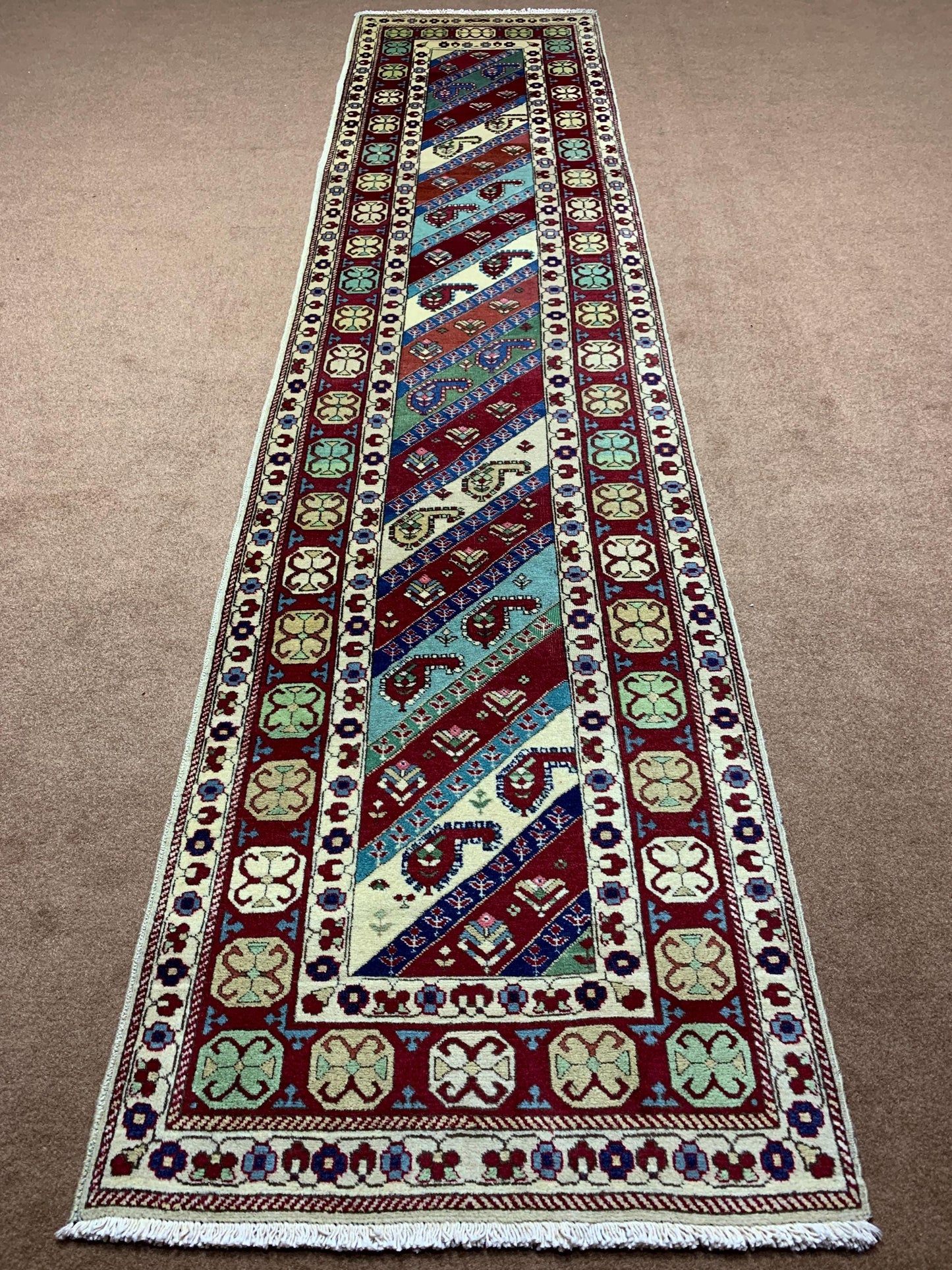 Afghan Runner Rug 2x10 ft Handmade Afghan Rug, Geometric Floral Runner Rug Oriental Wool Rug, Turkmen Tribal Rug Bedroom Hallway Runner Rug.