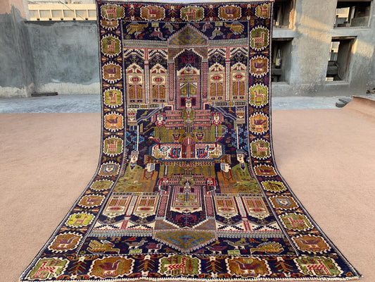 Vintage  Pictorial Rug 4x6 Handmade Afghan Rug, Baluchi Pictorial Rug One of a kind Rug, Antique Oriental Wool Rug Bedroom Wall Hanging Rug.