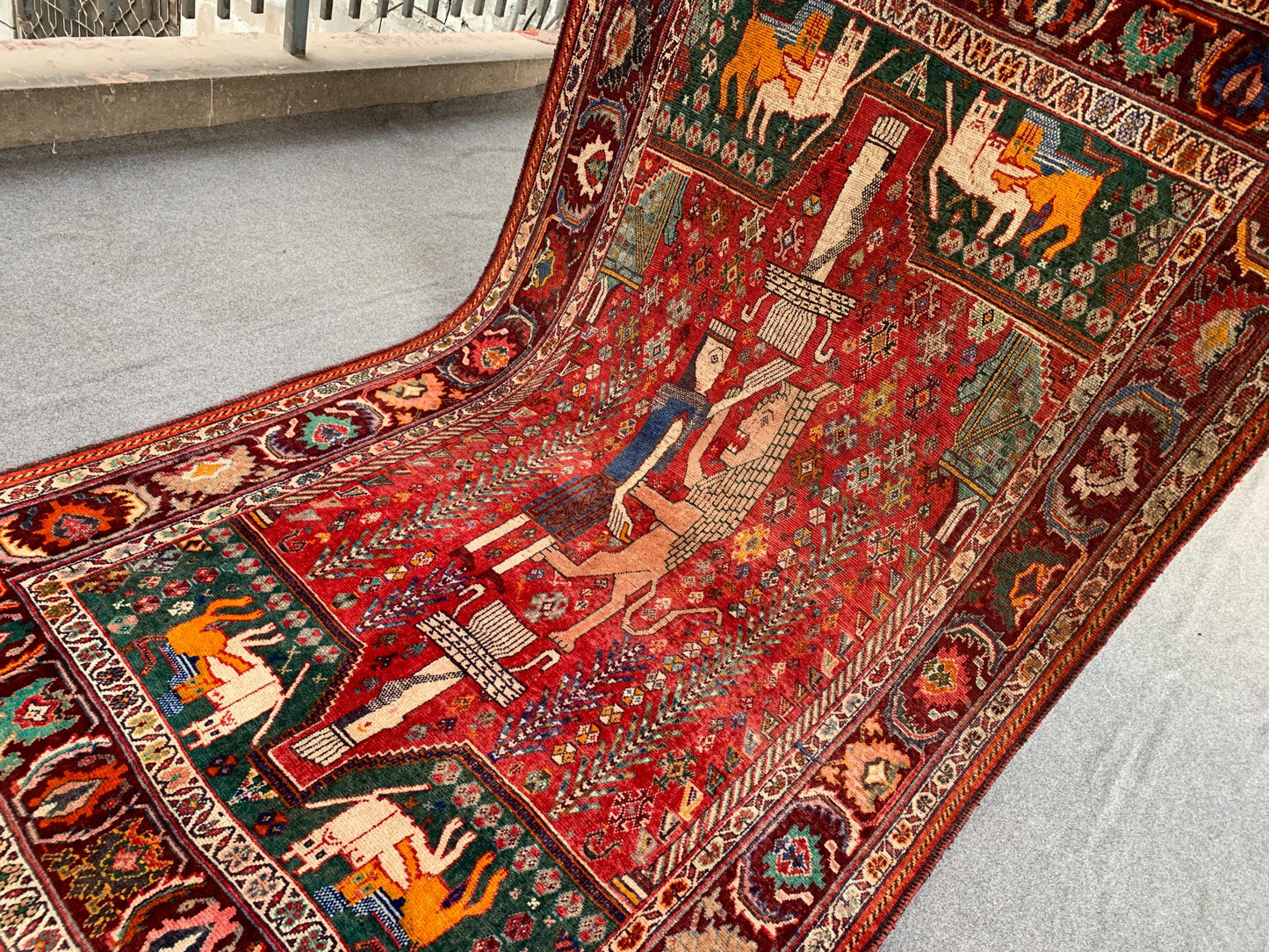 5x8 ft Pictorial Caucasian design Rug, Handmade Afghan Wool Rug, Oriental Animal Rug 1940s Antique Rug, Low Pile Rug Home Decor Bedroom Rug.