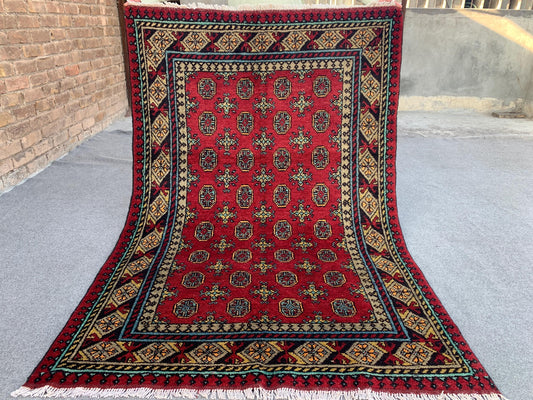 Red Aqcha Rug 4x6 ft Afghan Handmade Rug, Mowri design Rug, Oriental Wool Rug, Home Decor Rug, High Pile Soft Pile Rug, Bedroom Kitchen Rug.