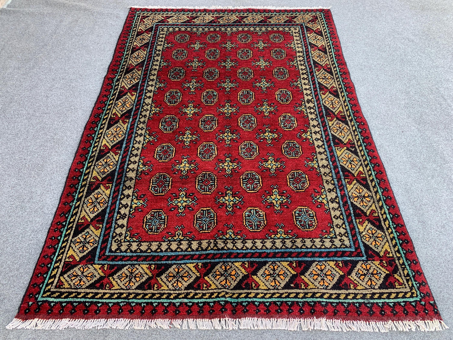 Red Aqcha Rug 4x6 ft Afghan Handmade Rug, Mowri design Rug, Oriental Wool Rug, Home Decor Rug, High Pile Soft Pile Rug, Bedroom Kitchen Rug.