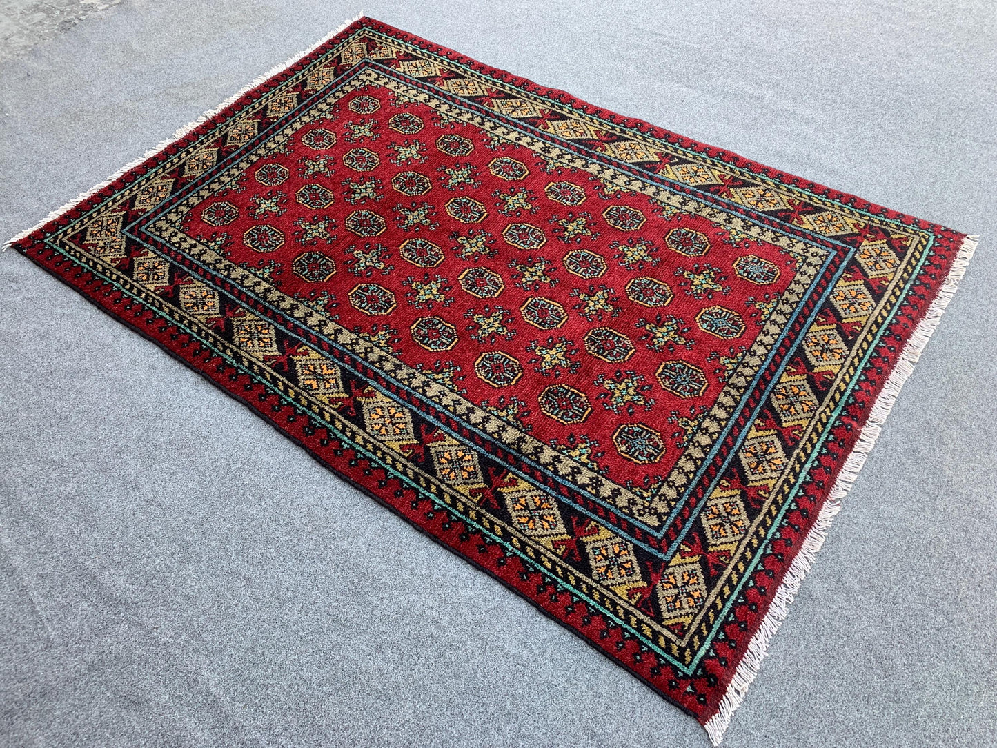 Red Aqcha Rug 4x6 ft Afghan Handmade Rug, Mowri design Rug, Oriental Wool Rug, Home Decor Rug, High Pile Soft Pile Rug, Bedroom Kitchen Rug.