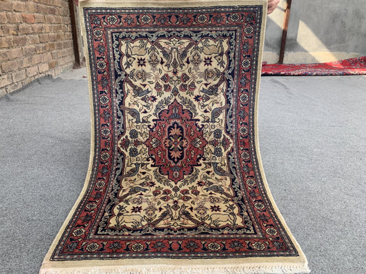 Animal Hunting Scene Rug, Small Pictorial Vintage Rug, Hand Knotted Wool Rug, Turkish design Rug, Home Decor Bedroom Rug Entryway Rug 2x3 ft
