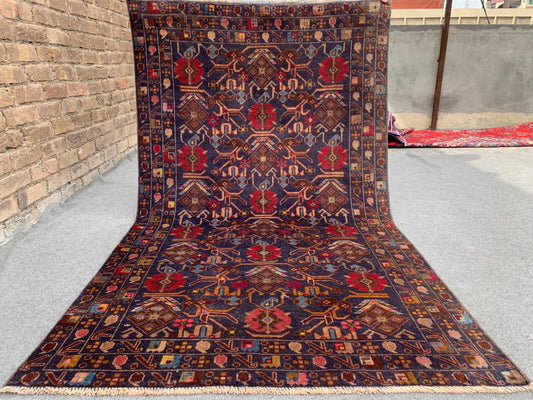 Vintage Herati Rug Afghan Baluchi Rug Hand Knotted Wool Area Rug, Oriental Rug Tribal Rug Home Decor Rug, Bedroom Rug Living Room Rug 4x7 ft