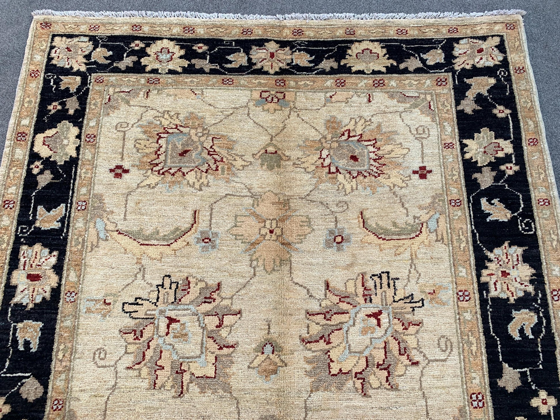 Beige Black Afghan Floral Rug, Hand Knotted Wool Area Rug, Traditional Turkmen Rug, Home Decor Rug, Rugs for Bedroom Living Room Rug 4x6 ft