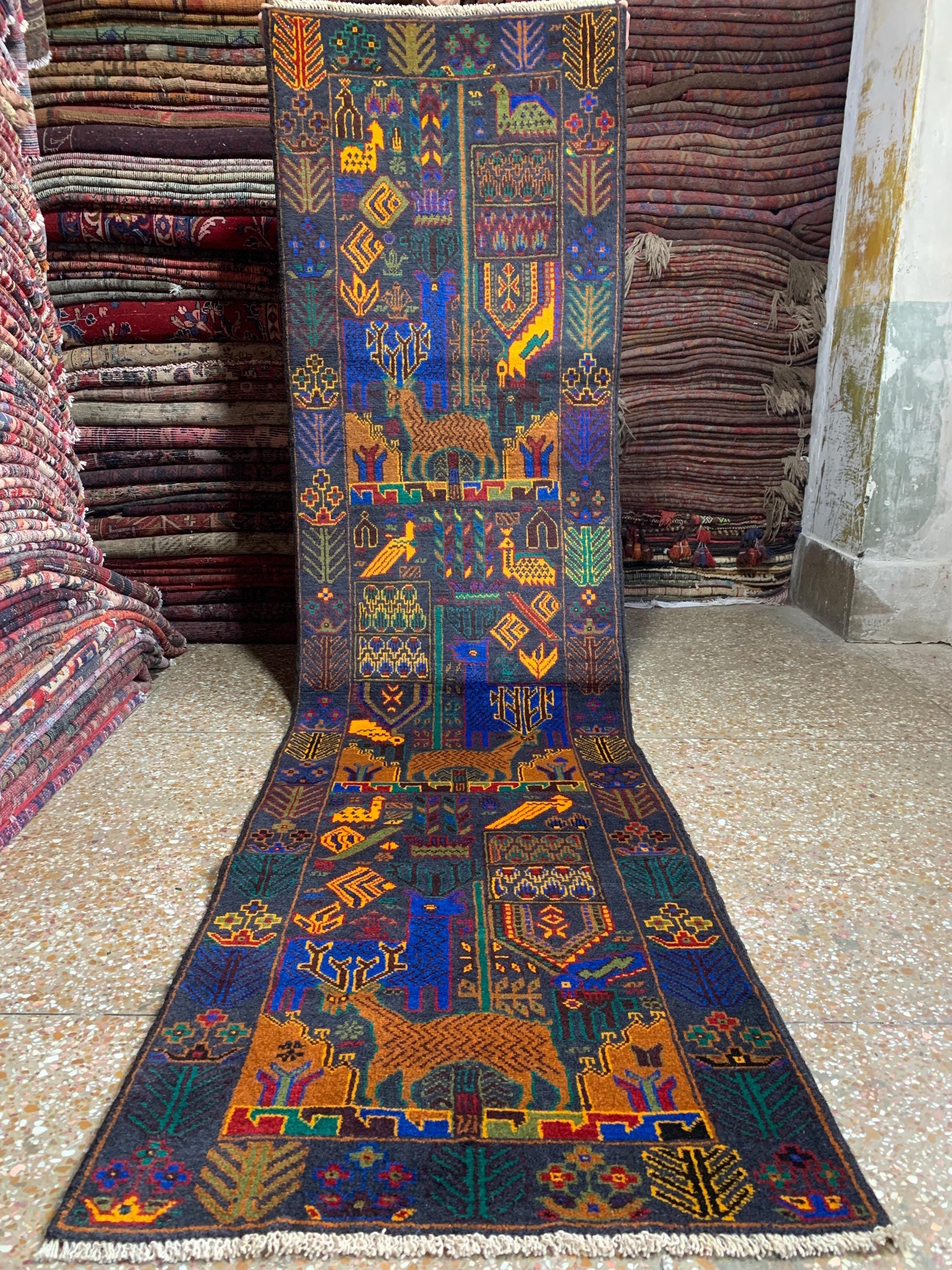 Vintage Herati Baluchi Runner Rug, 3x9 Pictorial Animal Hunting Rug, Afghan Handmade Wool Rug, High Pile Rug 2.4x8.11 ft Hallway Runner Rug.