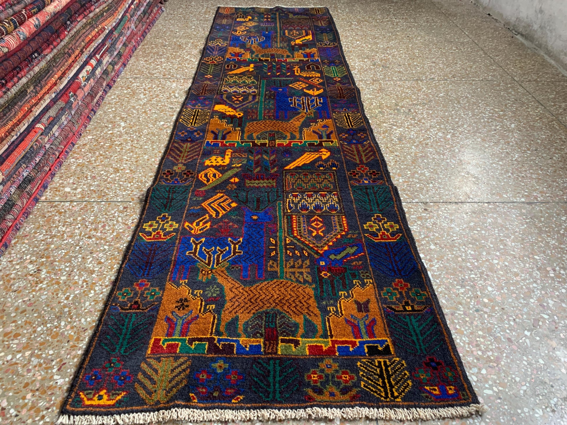Vintage Herati Baluchi Runner Rug, 3x9 Pictorial Animal Hunting Rug, Afghan Handmade Wool Rug, High Pile Rug 2.4x8.11 ft Hallway Runner Rug.
